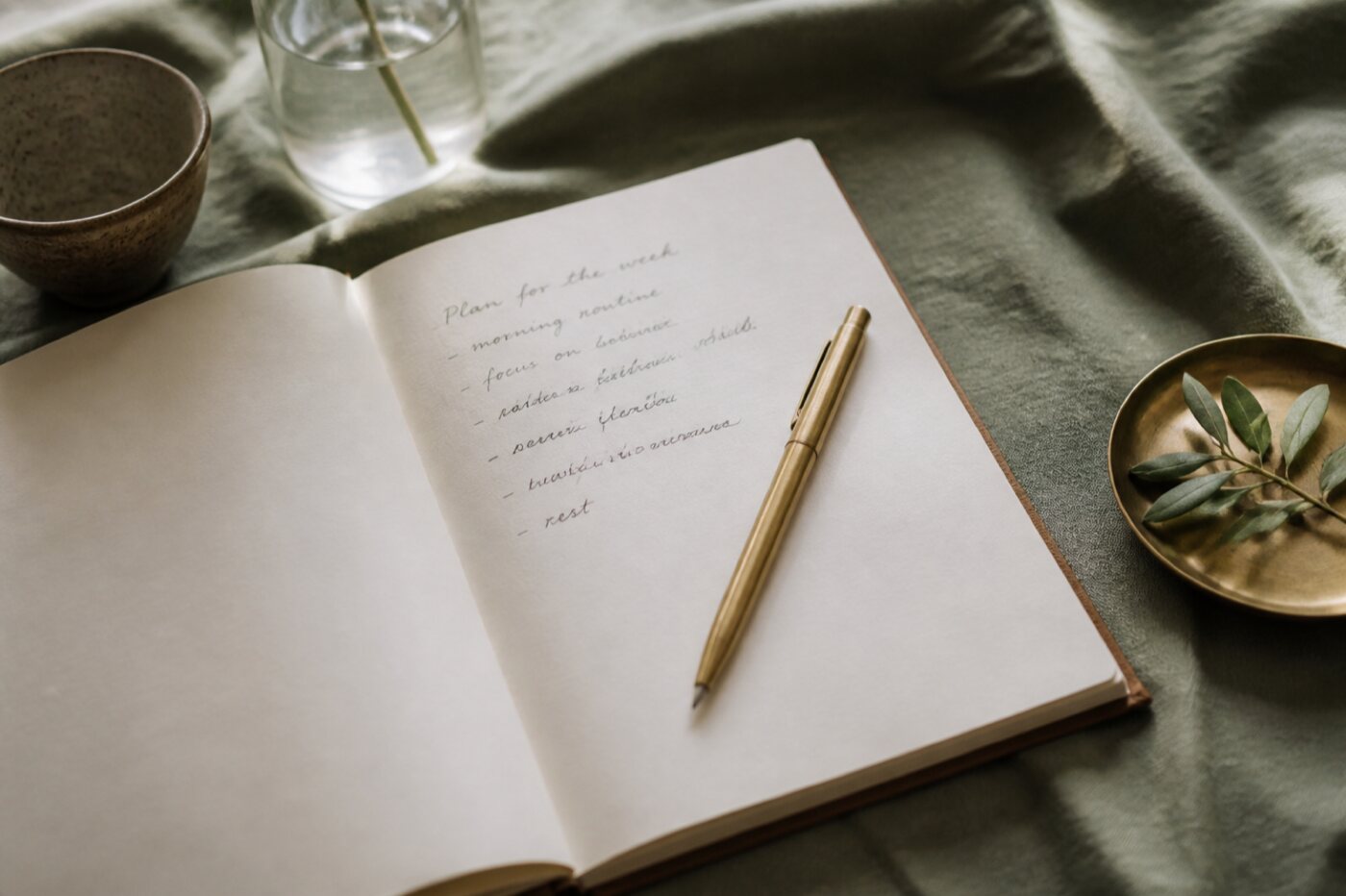 Notebook and pen on linen