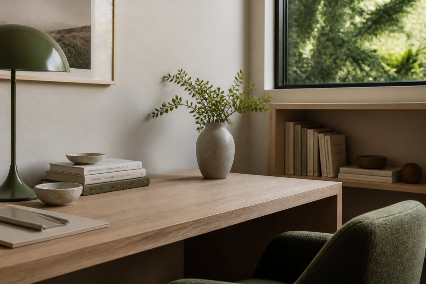 Minimal desk corner with books and soft daylight
