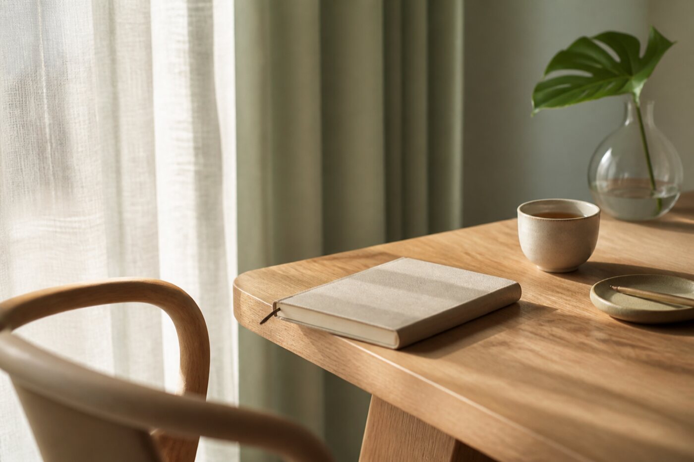 Sunlit desk with notebook, tea, and a single leaf
